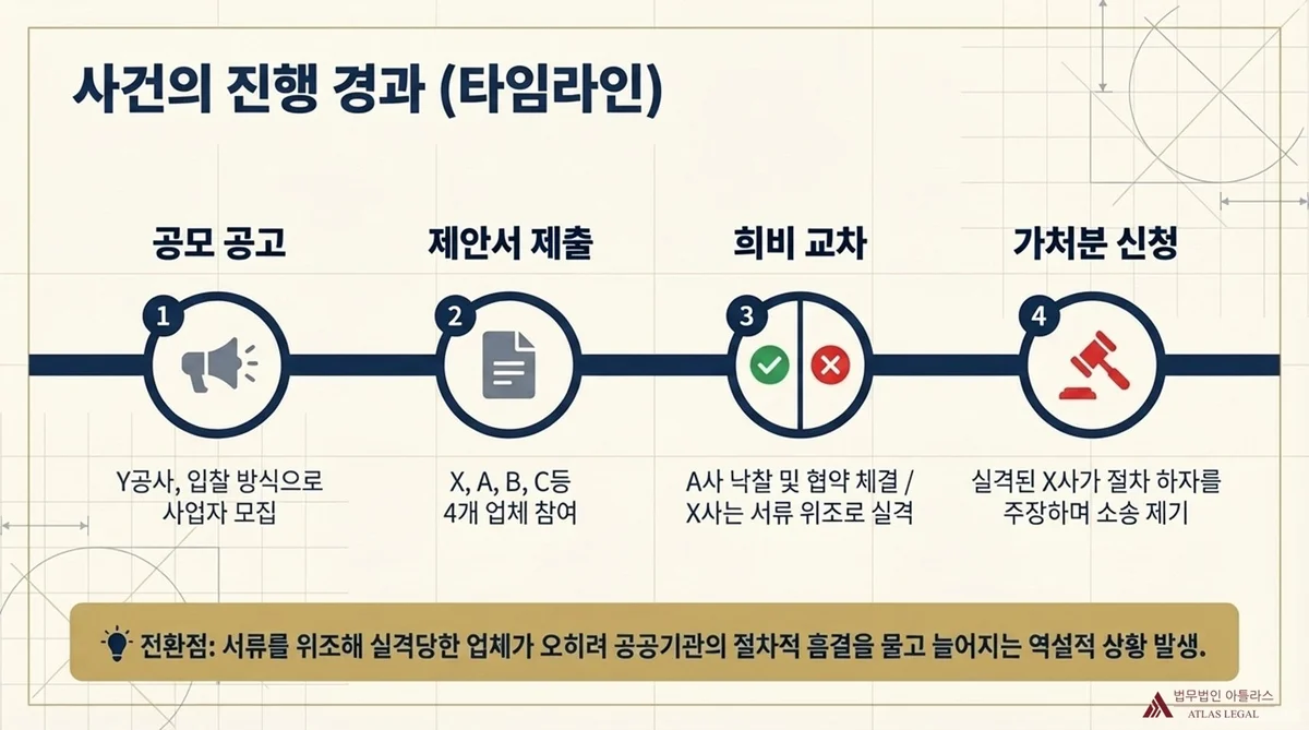 Atlas Legal - Bid Dispute Timeline: Four Stages from Public Notice to Injunction 사건 진행 타임라인 4단계: 1단계 공모 공고(Y공사 입찰 방식 사업자 모집), 2단계 제안서 제출(X·A·B·C 4개 업체 참여), 3단계 희비 교차(A사 낙찰·X사 서류 위조 실격), 4단계 가처분 신청(실격된 X사가 절차 하자 주장 소송 제기)
