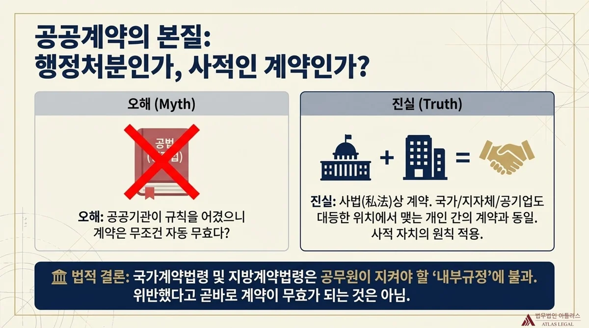 Atlas Legal - Legal Nature of Public Contracts: Administrative Act vs Private Contract 공공계약의 법적 성질 Myth vs Truth 비교 도해. 오해: 공공기관이 규칙을 어겼으니 계약은 무조건 자동 무효. 진실: 사법상 계약으로 국가·지자체·공기업도 대등한 위치에서 맺는 사적 자치 원칙 적용
