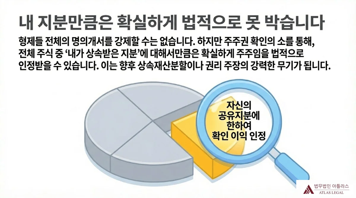 Atlas Legal - 공유지분 범위 내 주주권 확인 이익 인정 공유자 전원의 명의개서를 강제할 수 없어도 자신의 공유지분에 한하여 주주권 확인의 이익이 인정된다는 법리를 파이차트와 돋보기 아이콘으로 시각화.