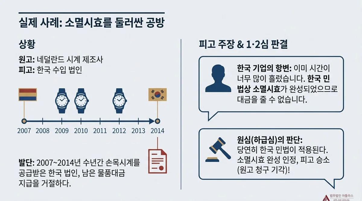 Atlas Legal - CISG Case Study Statute of Limitations Netherlands Korea 실제 사례 소멸시효를 둘러싼 공방 - 2007년부터 2014년까지 네덜란드 법인이 한국 법인에 손목시계를 공급한 타임라인과 원심의 한국 민법 소멸시효 완성 판결 내용