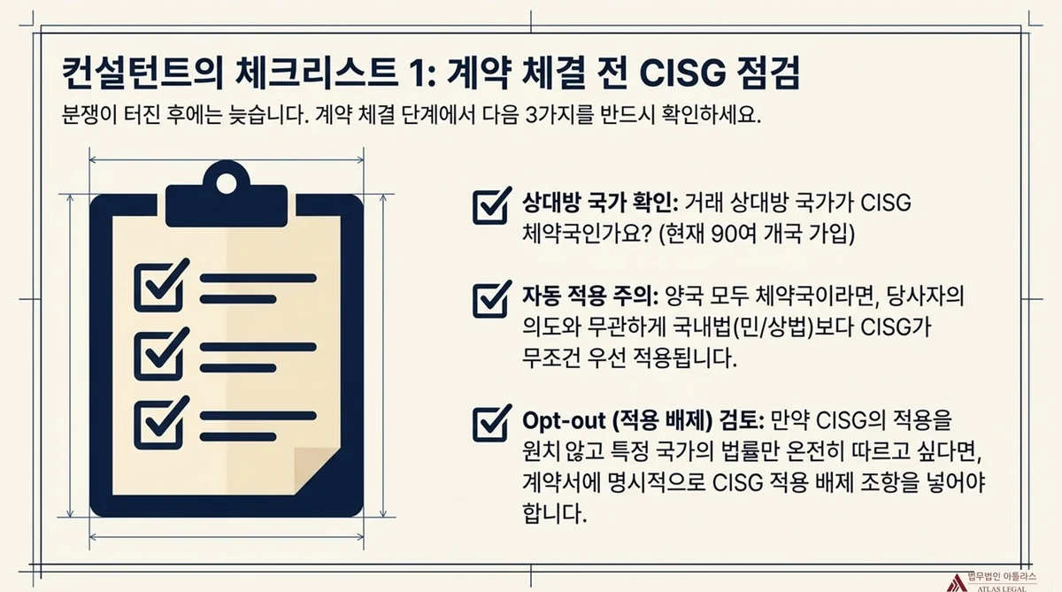 Atlas Legal - CISG Dispute Strategy Governing Law Force Majeure Article 79 컨설턴트의 체크리스트 3 분쟁 발생 시 대응 전략 - 소송 초기 준거법 선제 점검(외국 당사자 포함 분쟁에서 쟁점별 준거법 확인이 핵심)과 CISG 제79조 불가항력 Force Majeure 적극 활용(한국 민법과의 요건 차이 설명)