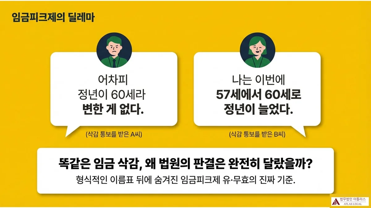 Atlas Legal - 임금피크제 딜레마 정년유지형 정년연장형 유무효 기준 임금피크제 통보를 받은 두 근로자의 상반된 반응: 삭감 통보를 받은 A씨는 '어차피 정년이 60세라 변한 게 없다'고 하고, B씨는 '나는 이번에 57세에서 60세로 정년이 늘었다'고 말한다. 하단에 '똑같은 임금 삭감, 왜 법원의 판결은 완전히 달랐을까? 형식적인 이름표 뒤에 숨겨진 임금피크제 유·무효의 진짜 기준'이라는 핵심 질문이 제시됨