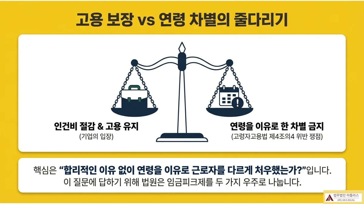Atlas Legal - 임금피크제 연령차별 고령자고용법 제4조의4 법적 쟁점 저울 이미지로 표현된 임금피크제의 핵심 법적 대립 구도: 왼쪽에 인건비 절감과 고용 유지(기업의 입장), 오른쪽에 연령을 이유로 한 차별 금지(고령자고용법 제4조의4 위반 쟁점). 하단에 '합리적인 이유 없이 연령을 이유로 근로자를 다르게 처우했는가'라는 핵심 쟁점과, 법원은 임금피크제를 두 가지 우주로 나눈다는 설명이 포함됨