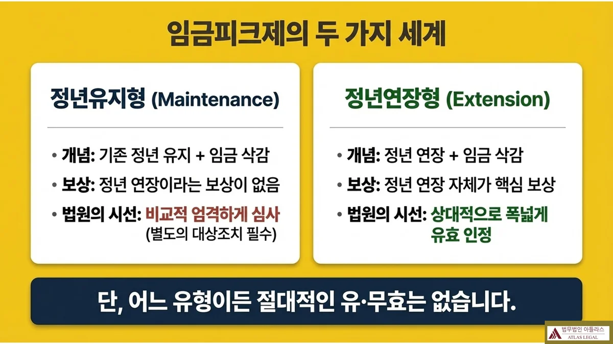 Atlas Legal - 정년유지형 정년연장형 임금피크제 두 가지 세계 비교 임금피크제의 두 가지 세계 비교 슬라이드: 왼쪽 정년유지형(Maintenance)은 기존 정년 유지에 임금 삭감, 정년 연장이라는 보상 없음, 법원이 비교적 엄격하게 심사하며 별도 대상조치 필수. 오른쪽 정년연장형(Extension)은 정년 연장에 임금 삭감, 정년 연장 자체가 핵심 보상, 법원이 상대적으로 폭넓게 유효 인정. 단 어느 유형이든 절대적인 유·무효는 없다는 결론 포함