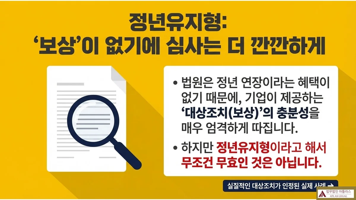Atlas Legal - 정년유지형 임금피크제 대상조치 심사기준 정년유지형 임금피크제는 보상이 없기에 심사는 더 깐깐하다: 법원은 정년 연장이라는 혜택이 없기 때문에 기업이 제공하는 대상조치(보상)의 충분성을 매우 엄격하게 따진다. 하지만 정년유지형이라고 해서 무조건 무효인 것은 아니며, 실질적인 대상조치가 인정된 실제 사례가 존재함. 하단에 실질적인 대상조치가 인정된 실제 사례 확인 안내 포함