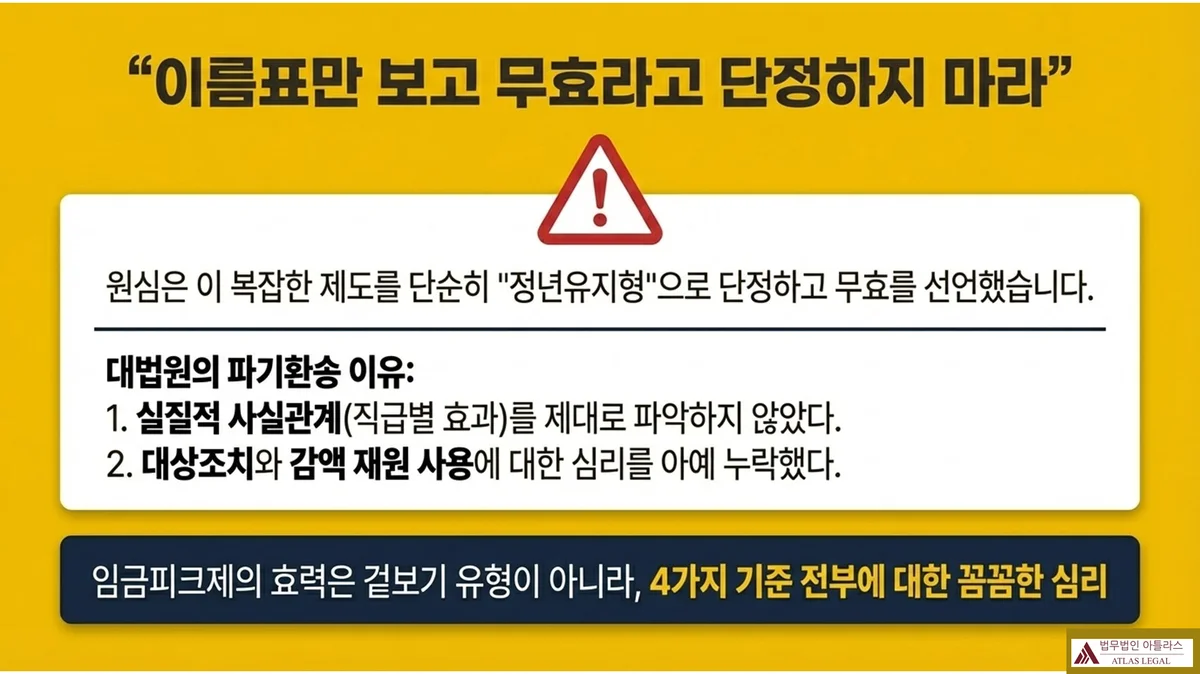 Atlas Legal - 대법원 2023다260088 파기환송 이유 임금피크제 심리 누락 대법원의 경고 '이름표만 보고 무효라고 단정하지 마라': 원심은 복잡한 제도를 단순히 정년유지형으로 단정하고 무효를 선언했다. 대법원의 파기환송 이유는 1. 실질적 사실관계(직급별 효과)를 제대로 파악하지 않았다, 2. 대상조치와 감액 재원 사용에 대한 심리를 아예 누락했다는 것. 하단에 '임금피크제의 효력은 겉보기 유형이 아니라, 4가지 기준 전부에 대한 꼼꼼한 심리'라는 결론 포함