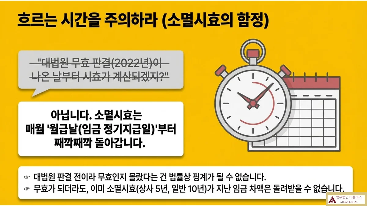 Atlas Legal - 임금피크제 소멸시효 임금 정기지급일 기산점 소멸시효의 함정 슬라이드: 대법원 무효 판결(2022년)이 나온 날부터 시효가 계산될 것이라는 오해와 달리, 소멸시효는 매월 월급날(임금 정기지급일)부터 째깍째깍 돌아간다. 대법원 판결 전이라 무효인지 몰랐다는 건 법률상 핑계가 될 수 없으며, 무효가 되더라도 이미 소멸시효(상사 5년, 일반 10년)가 지난 임금 차액은 돌려받을 수 없음