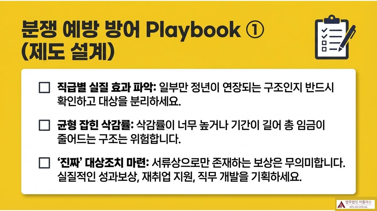 Atlas Legal - 임금피크제 분쟁 예방 제도 설계 체크리스트 분쟁 예방 방어 Playbook ① 제도 설계 체크리스트: 직급별 실질 효과 파악(일부만 정년이 연장되는 구조인지 반드시 확인하고 대상을 분리할 것), 균형 잡힌 삭감률(삭감률이 너무 높거나 기간이 길어 총 임금이 줄어드는 구조는 위험), 진짜 대상조치 마련(서류상으로만 존재하는 보상은 무의미하며 실질적인 성과보상·재취업 지원·직무 개발을 기획할 것)