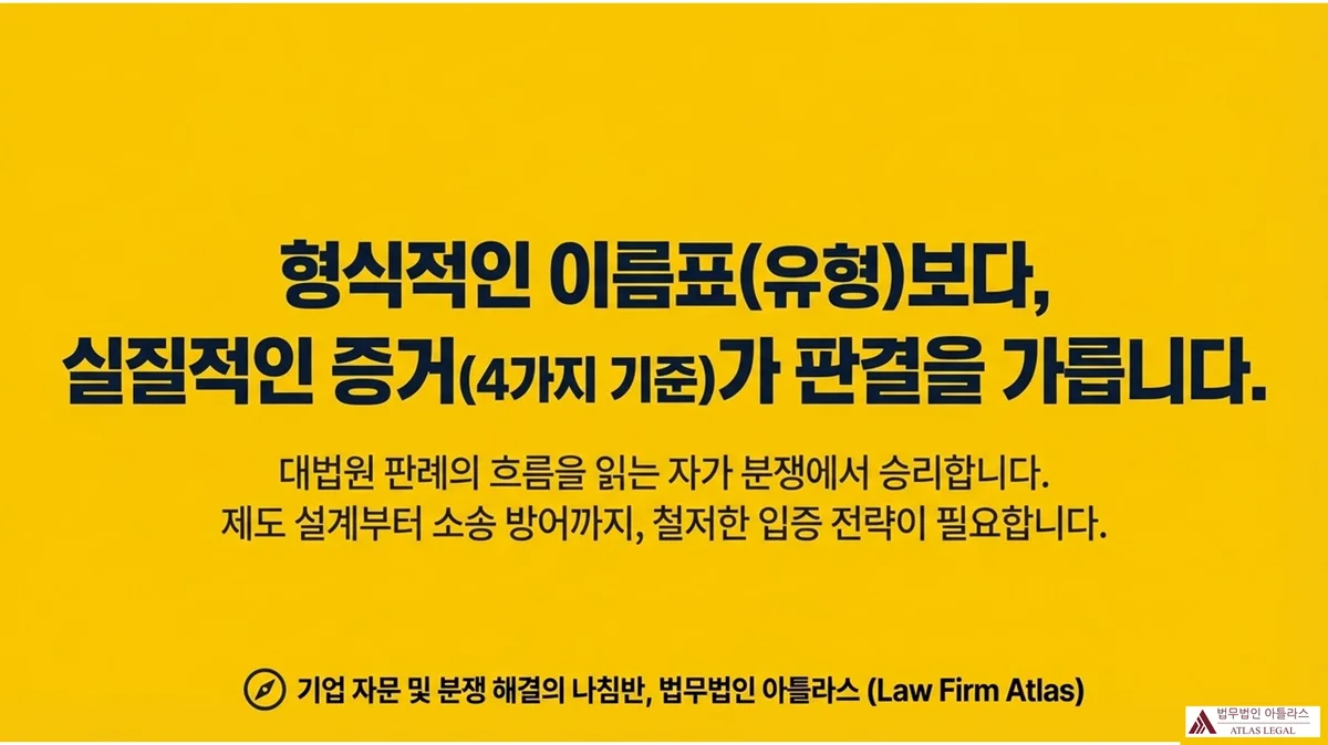 Atlas Legal - 임금피크제 분쟁 대응 전략 기업 자문 법무법인 아틀라스 임금피크제 핵심 메시지 슬라이드: 형식적인 이름표(유형)보다 실질적인 증거(4가지 기준)가 판결을 가른다. 대법원 판례의 흐름을 읽는 자가 분쟁에서 승리하며, 제도 설계부터 소송 방어까지 철저한 입증 전략이 필요하다. 하단에 기업 자문 및 분쟁 해결의 나침반 법무법인 아틀라스(Law Firm Atlas) 소개 포함
