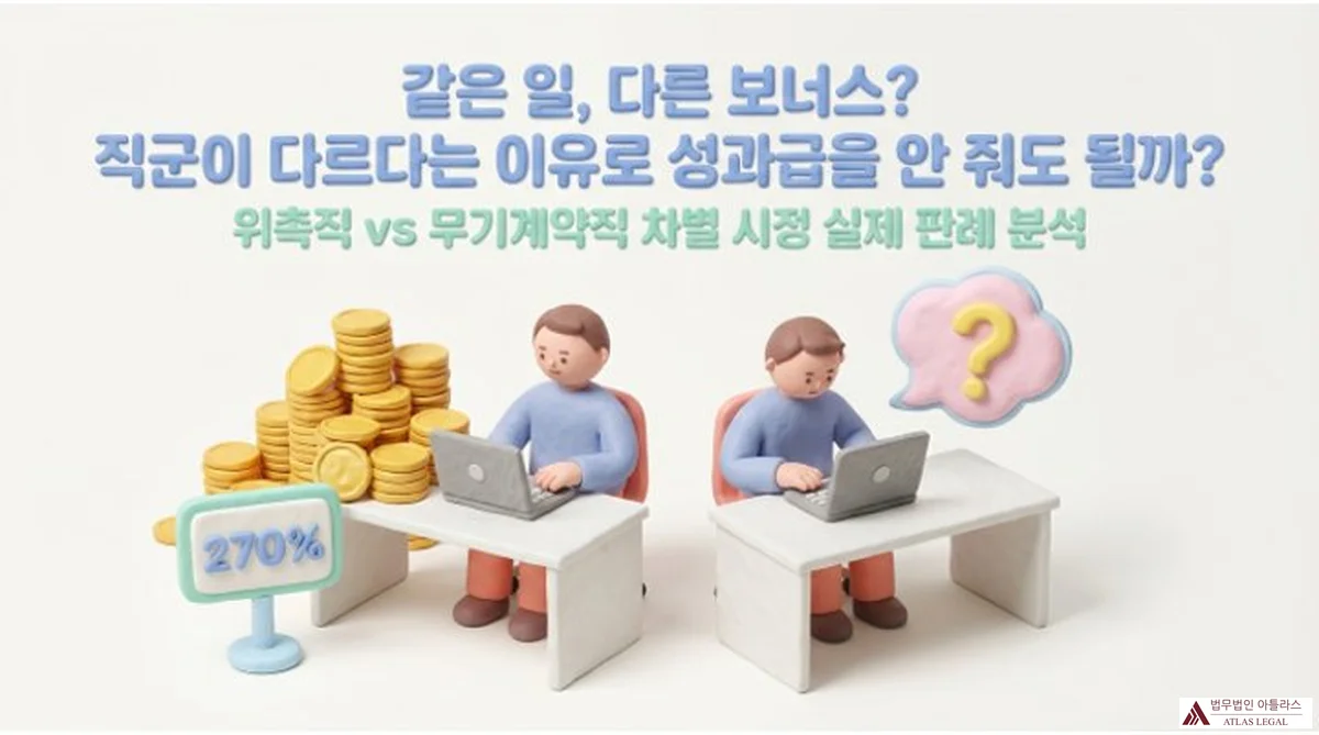 Atlas Legal - 위촉직 vs 무기계약직 성과급 차별 판례 분석 같은 업무를 하는 위촉직과 무기계약직 근로자가 나란히 앉아 노트북으로 일하는 장면. 왼쪽에 금화 더미와 270% 성과급 표지판이 있고, 오른쪽 근로자는 물음표 말풍선을 달고 있다.