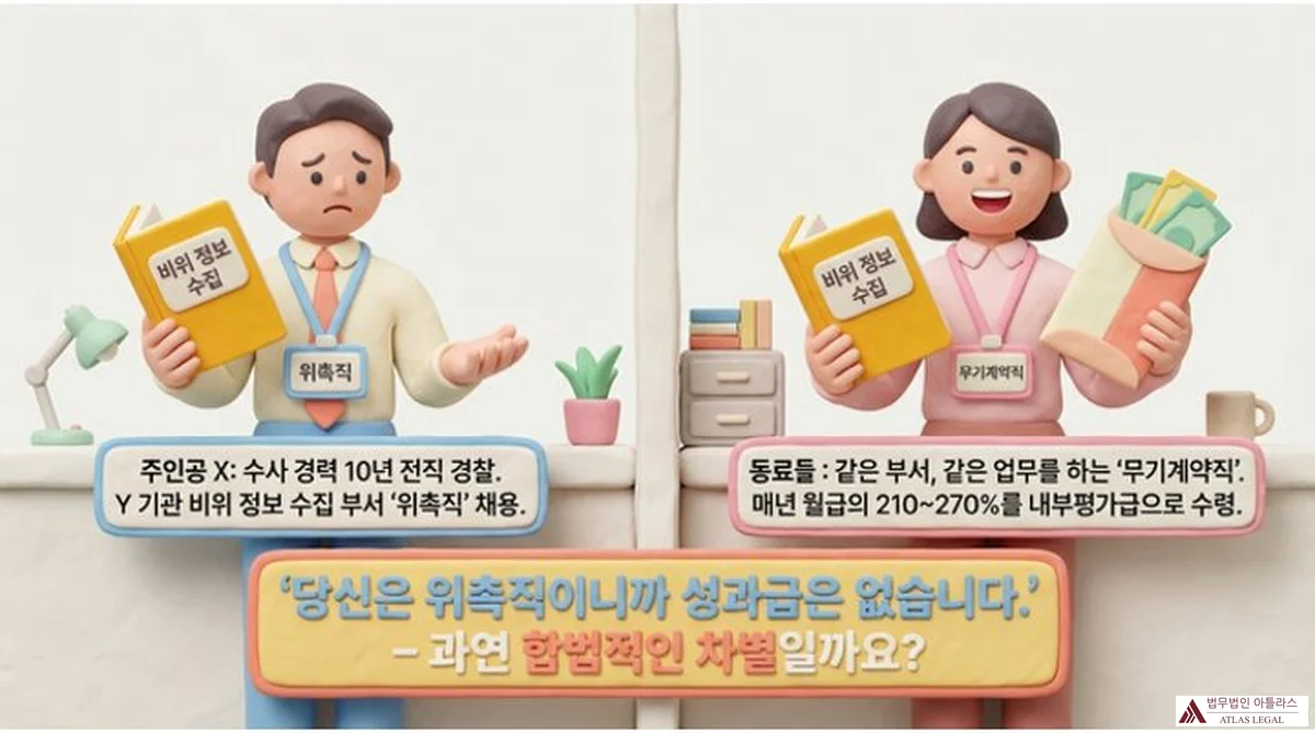 Atlas Legal - 위촉직 기간제 차별 사례: 내부평가급 미지급 위촉직(X)과 무기계약직 동료의 처우를 대비한 인포그래픽. 왼쪽의 위촉직 남성은 비위 정보 수집 업무를 담당하며 내부평가급을 받지 못하고, 오른쪽의 무기계약직 여성은 동일 업무를 하며 월급의 210~270%를 수령한다. 하단에 '당신은 위촉직이니까 성과급은 없습니다'라는 문구가 있다.