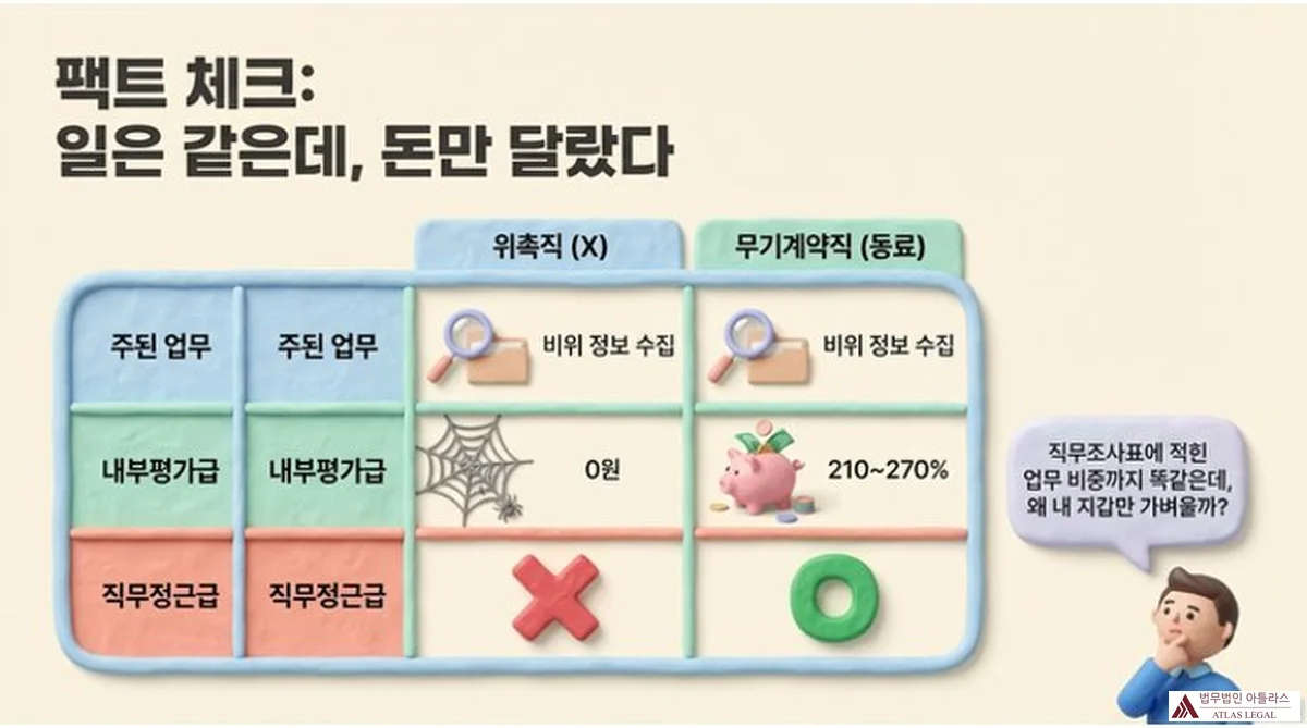 Atlas Legal - 위촉직과 무기계약직 임금 항목 비교표 팩트 체크 인포그래픽. 위촉직(X)과 무기계약직(동료)의 주된 업무(비위 정보 수집), 내부평가급(0원 vs 210~270%), 직무정근급(X vs O) 항목을 표로 비교하여 동일 업무에도 임금 항목이 다름을 시각화하였다.