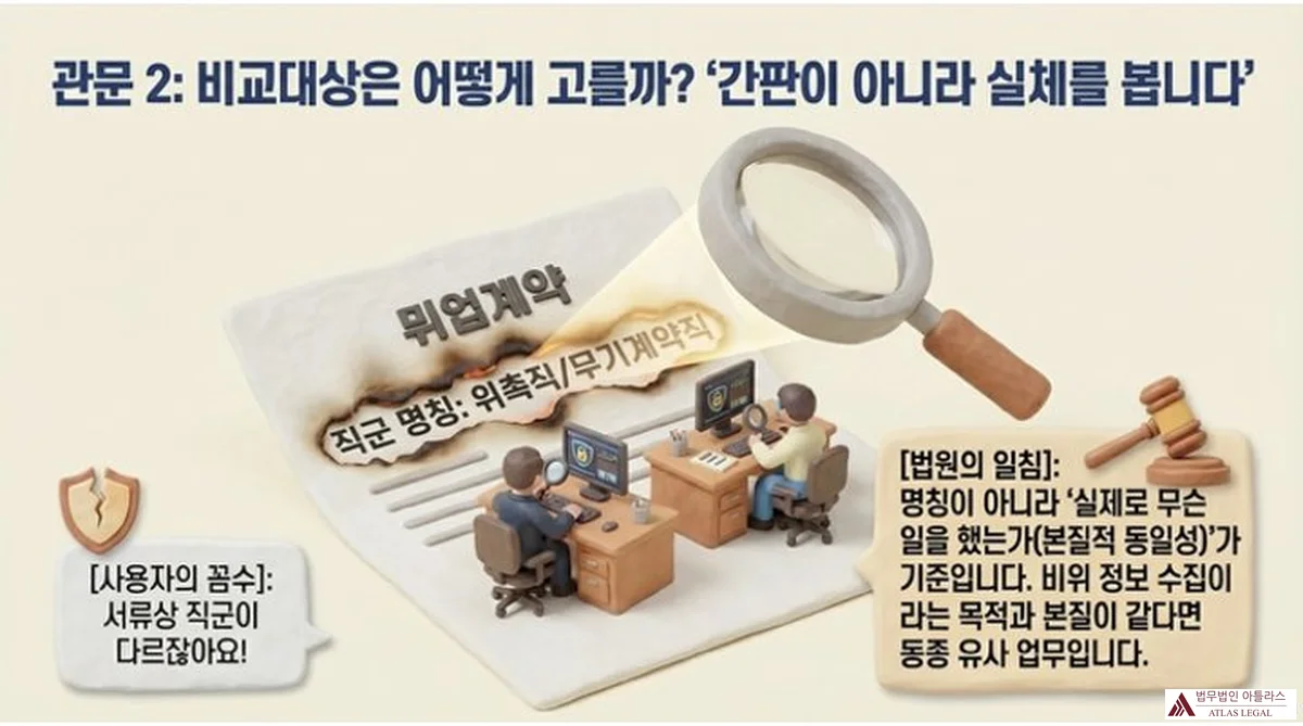 Atlas Legal - 비교대상 근로자 선정: 직군 명칭이 아닌 실제 업무 기준 관문 2 인포그래픽. 직군 명칭이 다른 계약서에 불이 붙어 타들어가는 장면 위로 돋보기가 비추고 있다. 사용자의 꼼수(서류상 직군이 다르다)와 법원의 일침(실제로 무슨 일을 했는가, 즉 본질적 동일성이 기준이며 비위 정보 수집이라는 목적과 본질이 같다면 동종 유사 업무)을 대비하여 보여준다.