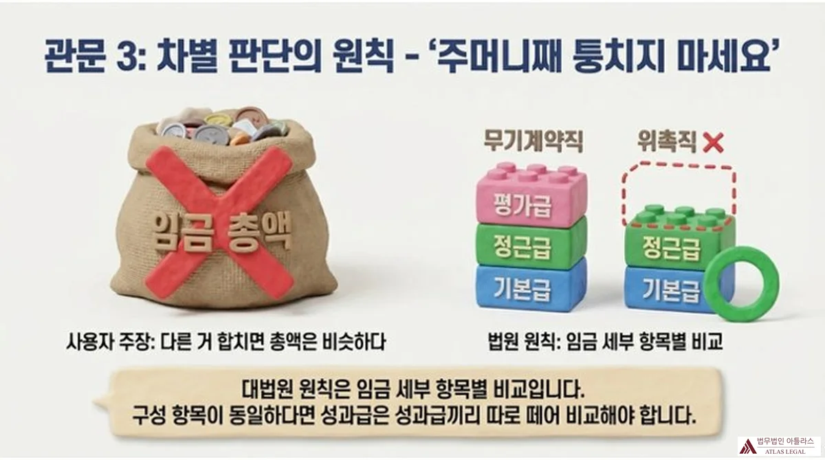 Atlas Legal - 임금 차별 판단: 항목별 비교 원칙과 총액 비교 배척 관문 3 인포그래픽. 임금 총액이 적힌 자루에 빨간 X 표시가 있고, 무기계약직(평가급·정근급·기본급)과 위촉직(정근급·기본급)의 레고 블록 구조물을 항목별로 비교하고 있다. 사용자 주장(다른 거 합치면 총액은 비슷하다)과 법원 원칙(임금 세부 항목별 비교, 성과급은 성과급끼리 따로 비교)을 대비한다.