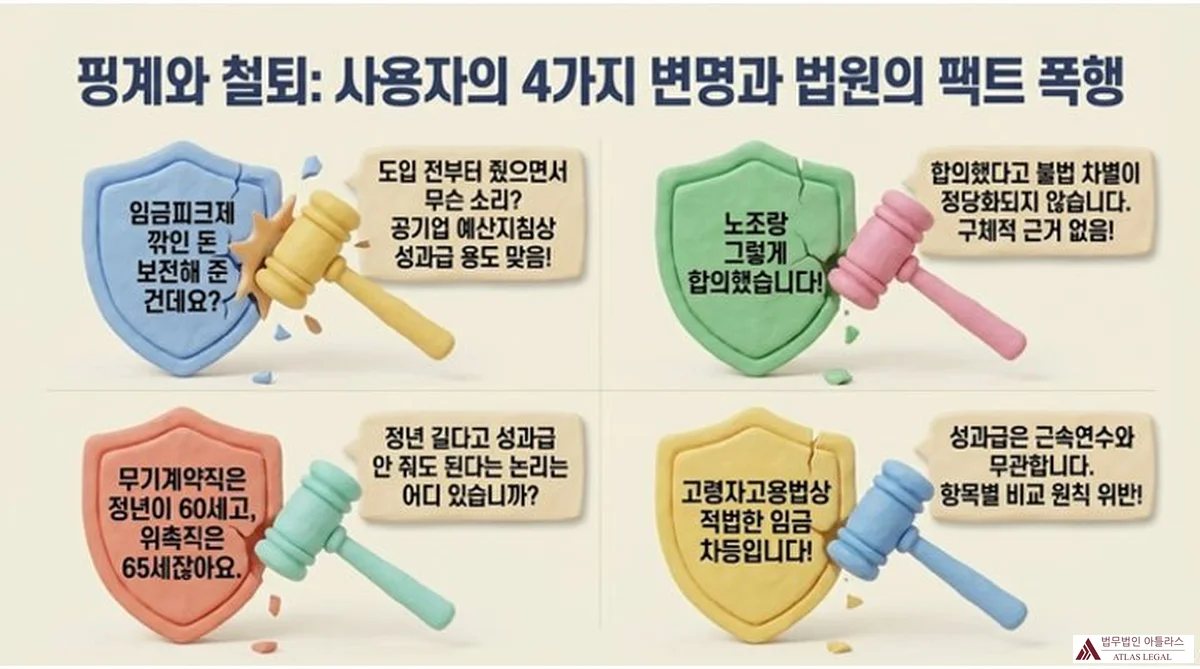 Atlas Legal - 기간제 차별 사용자 주장 4가지와 법원의 배척 이유 사용자의 4가지 변명과 법원의 판단을 방패와 망치 이미지로 시각화한 인포그래픽. 임금피크제 감소분 보전 주장, 노조 합의 주장, 정년 차이 주장, 고령자고용법상 적법한 차등 주장을 법원이 모두 배척한 내용을 담고 있다.