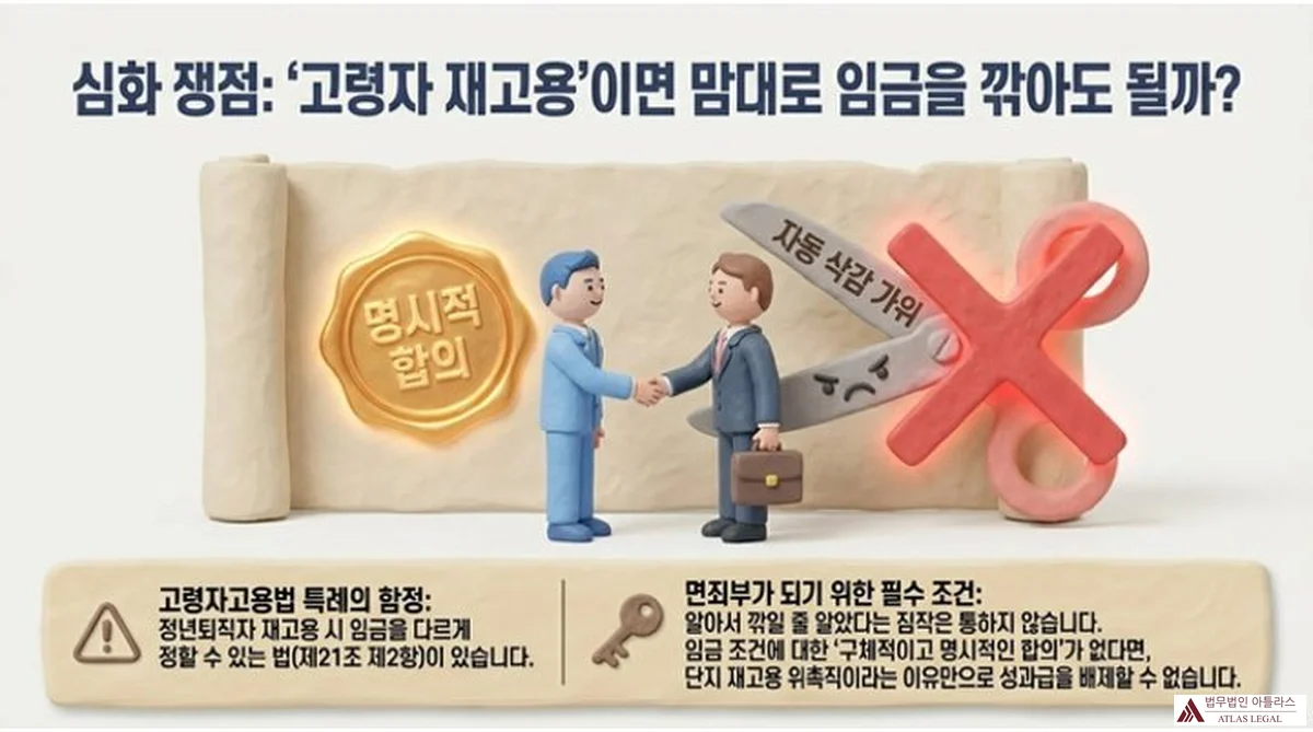 Atlas Legal - 고령자고용법 재고용 특례와 명시적 합의 요건 심화 쟁점 인포그래픽. 두 사람이 악수하는 장면 위에 명시적 합의 도장과 자동 삭감 가위 이미지가 대비된다. 고령자고용법 제21조 제2항 특례의 한계와, 면죄부가 되기 위해서는 임금 조건에 관한 구체적이고 명시적인 합의가 있어야 하며 단순 재고용 위촉직이라는 이유만으로 성과급 배제는 불가함을 설명한다.