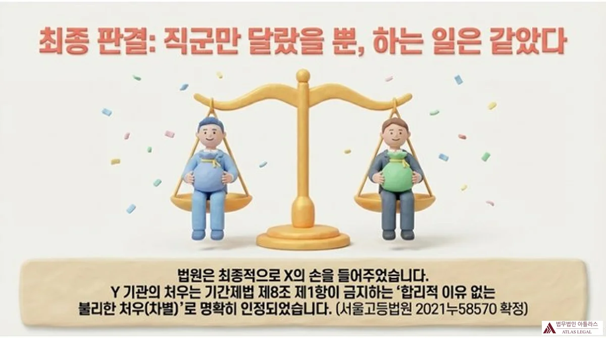 Atlas Legal - 기간제 차별 최종 판결: 직군만 달랐을 뿐 하는 일은 같았다 최종 판결 인포그래픽. 저울 위에 위촉직과 무기계약직 인물이 각각 올려져 균형을 이루고 있다. 법원은 최종적으로 X의 손을 들어주었으며, Y 기관의 처우는 기간제법 제8조 제1항이 금지하는 합리적 이유 없는 불리한 처우(차별)로 명확히 인정되었다는 문구가 하단에 표시된다(서울고등법원 2021누58570 확정).