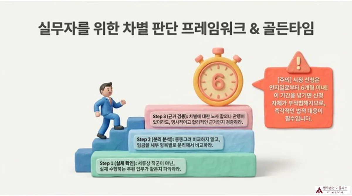 Atlas Legal - 기간제 차별시정 실무 판단 프레임워크 3단계와 신청 기한 실무자를 위한 차별 판단 3단계 프레임워크와 골든타임 안내 인포그래픽. Step 1(실체 확인: 서류상 직군이 아닌 실제 수행하는 주된 업무가 같은지 파악), Step 2(분리 분석: 임금을 세부 항목별로 분리해 비교), Step 3(근거 검증: 합리적이고 명시적인 근거인지 검증)와 함께, 시정신청은 인지일로부터 6개월 이내임을 강조한다.