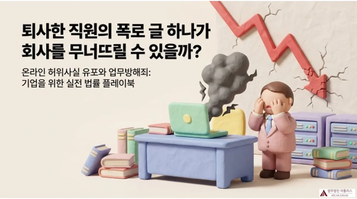 Atlas Legal - Can a Former Employee's Post Destroy a Company? Online Defamation and Business Obstruction Playbook 퇴사한 직원의 폭로 글 하나가 회사를 무너뜨릴 수 있을까? 온라인 허위사실 유포와 업무방해죄: 기업을 위한 실전 법률 플레이북. 연기 나는 노트북 앞에서 머리를 감싸 쥔 직장인 캐릭터와 배경의 급락 그래프