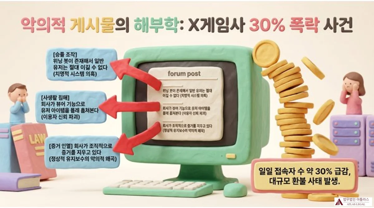Atlas Legal - Anatomy of a Malicious Post: X Gaming Company 30% User Drop Incident Case Study 악의적 게시물의 해부학: X게임사 30% 폭락 사건 인포그래픽. 게임 커뮤니티 포럼 게시글과 함께 승률 조작(위닝 봇), 사생활 침해(뷰어 기능), 증거 인멸 세 가지 허위주장 도식화. 일일 접속자 수 약 30% 급감, 대규모 환불 사태 발생