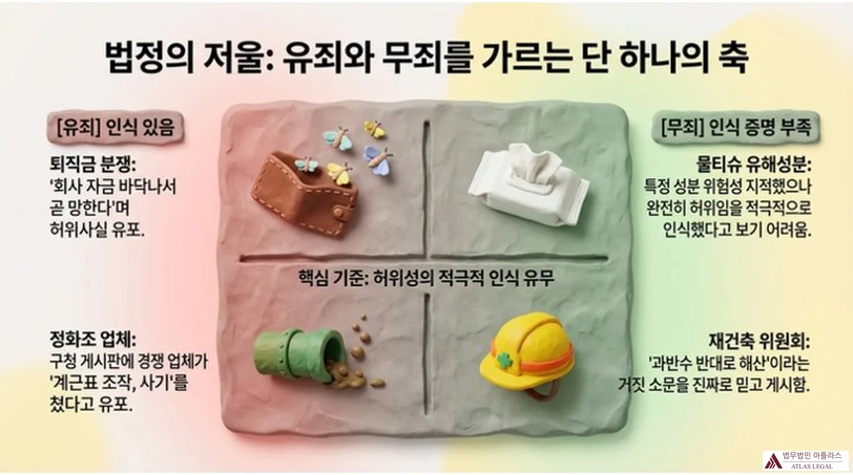 Atlas Legal - Korean Court Precedents Distinguishing Guilty from Not Guilty in Business Obstruction Cases 법정의 저울: 유죄와 무죄를 가르는 단 하나의 축 인포그래픽. 유죄(인식 있음) 사례: 퇴직금 분쟁 후 회사 자금 바닥났다며 허위사실 유포, 정화조 업체 게근표 조작·사기 허위 유포. 무죄(인식 증명 부족) 사례: 물티슈 유해성분 관련 SNS 게시물, 재건축 위원회 과반수 반대 해산 거짓 소문 진짜로 믿고 게시. 핵심 기준: 허위성의 적극적 인식 유무