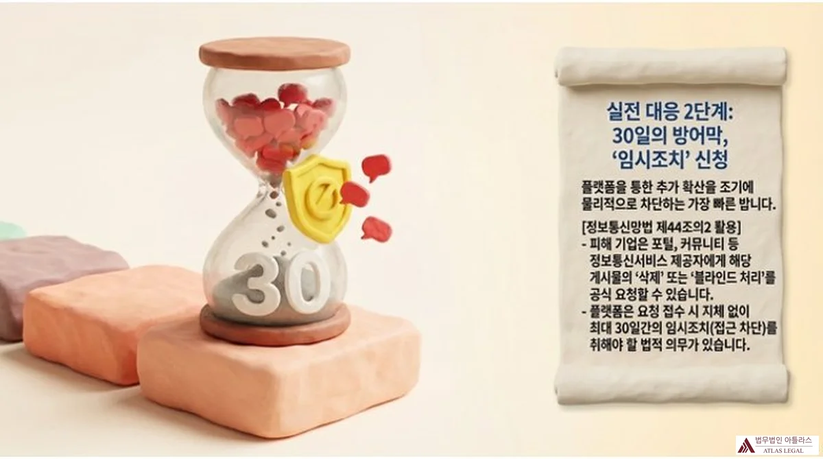 Atlas Legal - Step 2 Corporate Response: Requesting 30-Day Temporary Takedown Under Korean ICT Network Act Article 44-2 실전 대응 2단계: 30일의 방어막, 임시조치 신청 인포그래픽. 30일 모래시계와 방패 문양 이미지. 정보통신망법 제44조의2 활용: 피해 기업은 포털·커뮤니티 등 정보통신서비스 제공자에게 게시물 삭제 또는 블라인드 처리를 공식 요청할 수 있으며, 플랫폼은 접수 시 지체 없이 최대 30일간의 임시조치(접근 차단) 의무 부담