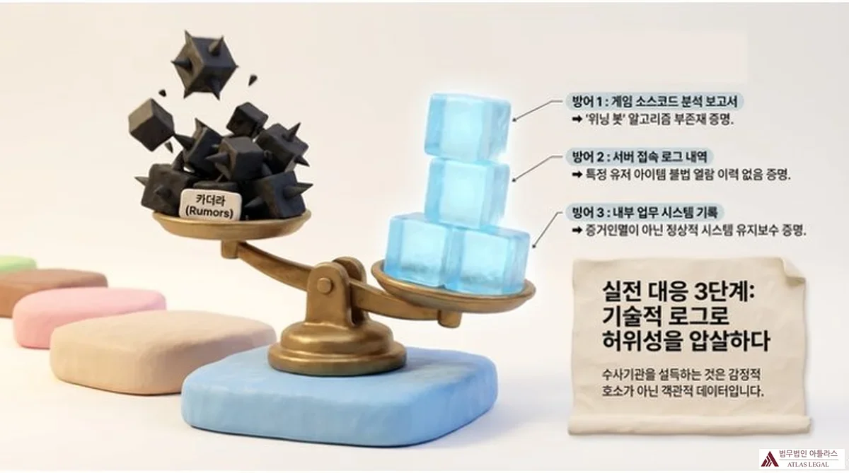 Atlas Legal - Step 3 Corporate Response: Technical Log Analysis to Disprove False Claims in Court 실전 대응 3단계: 기술적 로그로 허위성을 압살하다 인포그래픽. 저울 한쪽 키더라(Rumors) 검은 가시 덩어리들과 반대쪽 투명한 얼음 기둥 형태의 객관적 데이터 대비. 3가지 방어 전략: 방어 1 게임 소스코드 분석 보고서로 위닝 봇 알고리즘 부존재 증명, 방어 2 서버 접속 로그 내역으로 특정 유저 아이템 불법 열람 이력 없음 증명, 방어 3 내부 업무 시스템 기록으로 정상적 시스템 유지보수 증명