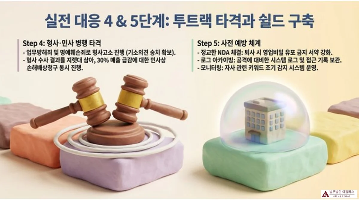 Atlas Legal - Steps 4 and 5 Corporate Response: Dual Criminal Civil Lawsuit Strategy and Prevention System 실전 대응 4 & 5단계: 투트랙 타격과 쉴드 구축 인포그래픽. Step 4 형사·민사 병행 타격: 업무방해죄 및 명예훼손죄로 형사고소 진행, 30% 매출 급감에 대한 민사 손해배상청구 동시 진행. Step 5 사전 예방 체계: 정교한 NDA 체결로 퇴사 시 영업비밀 유포 금지 서약 강화, 로그 아카이빙으로 시스템 로그 및 접근 기록 보관, 자사 관련 키워드 조기 감지 모니터링 운영