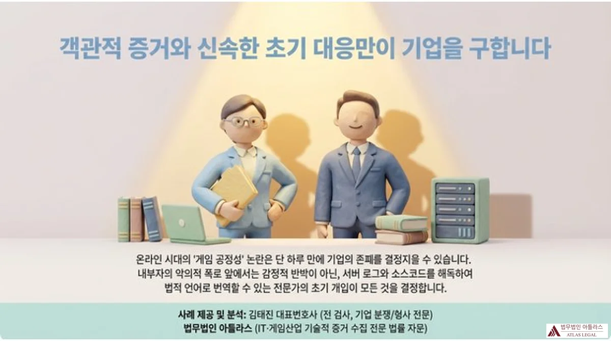 Atlas Legal - Only Objective Evidence and Swift Response Can Save Your Company from Online Defamation 객관적 증거와 신속한 초기 대응만이 기업을 구합니다. 두 명의 변호사 캐릭터가 책과 서버 앞에 서 있는 이미지. 온라인 시대의 게임 공정성 논란은 단 하루 만에 기업의 존폐를 결정지을 수 있습니다. 서버 로그와 소스코드를 해독하여 법적 언어로 번역할 수 있는 전문가의 초기 개입이 모든 것을 결정합니다. 사례 제공 및 분석: 김태진 대표변호사(전 검사, 기업 분쟁/형사 전문), 법무법인 아틀라스