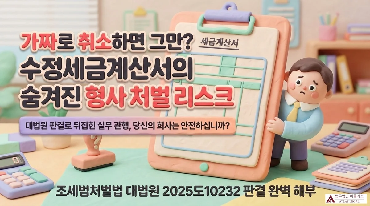 Atlas Legal - Modified Tax Invoice Criminal Liability Under Tax Crime Punishment Act 수정세금계산서 형사 처벌 리스크 - 대법원 2025도10232 판결 완벽 해부. 클립보드를 들고 고민하는 직장인 캐릭터와 세금계산서 이미지.