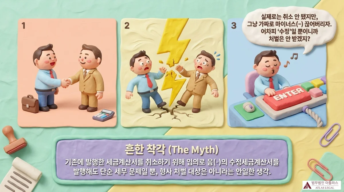 Atlas Legal - Common Misconception About Negative Tax Invoice Issuance 흔한 착각(The Myth): 거래 후 분쟁 발생 시 임의로 음(-)의 수정세금계산서를 발행해도 단순 세무 문제일 뿐 형사 처벌 대상이 아니라는 잘못된 인식을 3단계 그림으로 설명한 슬라이드.