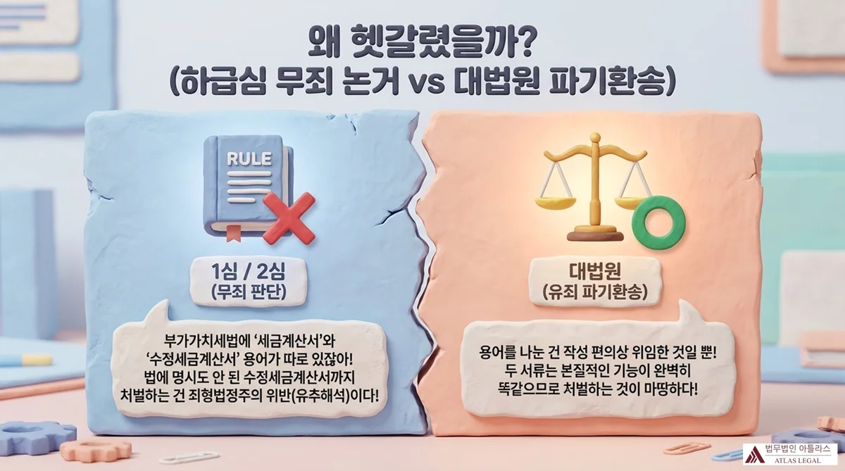 Atlas Legal - Lower Court Acquittal vs Supreme Court Reversal on Modified Tax Invoice 왜 헷갈렸을까? 하급심 무죄 논거(1심/2심): 부가가치세법에 '세금계산서'와 '수정세금계산서' 용어가 따로 있어 처벌은 죄형법정주의 위반(유추해석)이라는 주장. 대법원 파기환송 논거: 용어를 나눈 건 작성 편의상 위임한 것일 뿐, 두 서류는 본질적 기능이 동일하므로 처벌이 마땅하다.