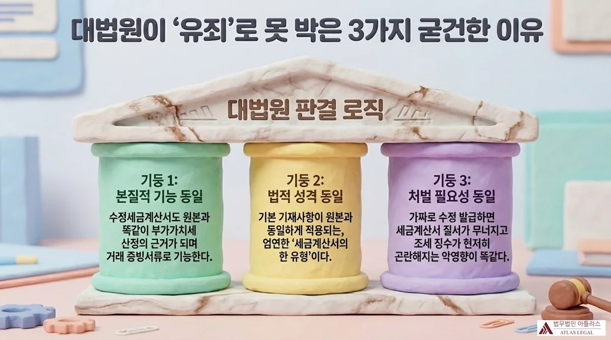 Atlas Legal - Three Pillars of Supreme Court Reasoning in 2025Do10232 대법원이 '유죄'로 못 박은 3가지 굳건한 이유 - 대법원 판결 로직: 기둥 1 본질적 기능 동일(수정세금계산서도 부가가치세 산정의 근거이며 거래 증빙서류), 기둥 2 법적 성격 동일(기본 기재사항이 원본과 동일하게 적용되는 세금계산서의 한 유형), 기둥 3 처벌 필요성 동일(가짜로 수정 발급하면 세금계산서 질서가 무너지고 조세 징수가 현저히 곤란해짐).