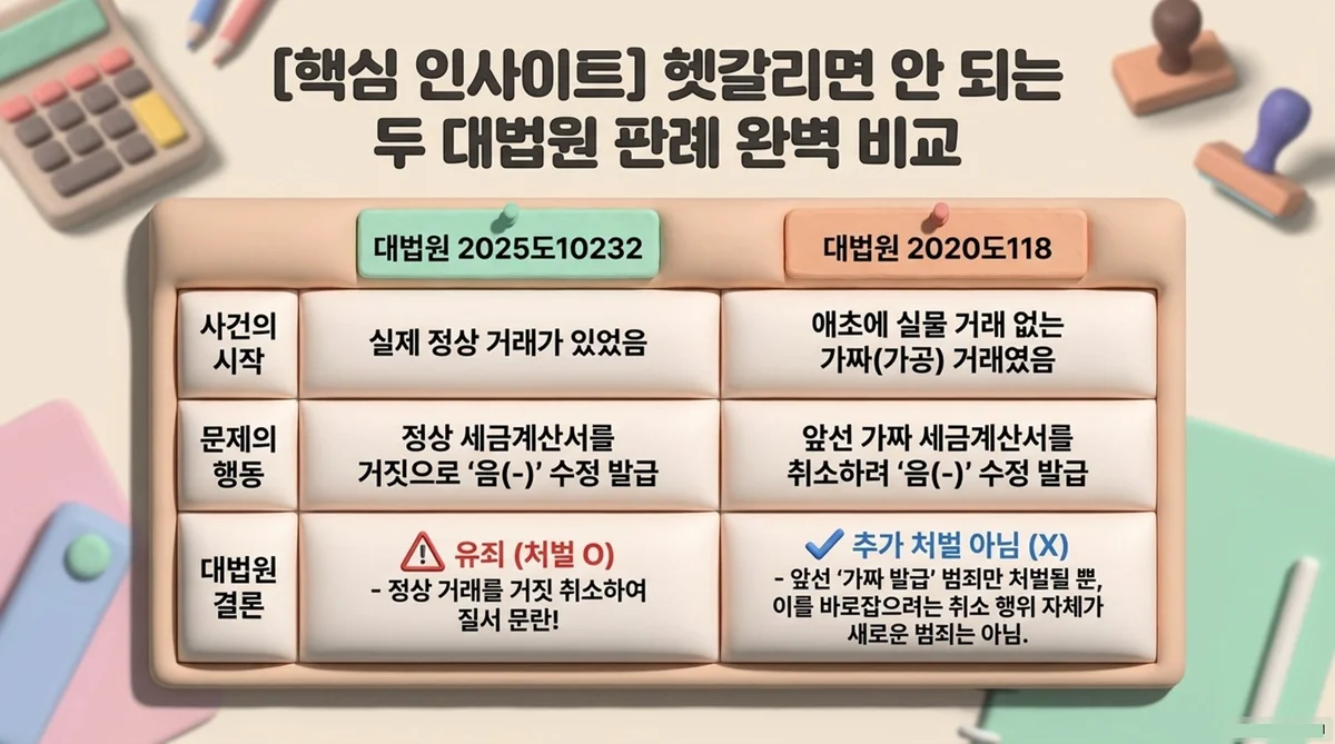 Atlas Legal - Comparison of Supreme Court 2025Do10232 and 2020Do118 on Modified Tax Invoices 헷갈리면 안 되는 두 대법원 판례 완벽 비교: 대법원 2025도10232(실제 정상 거래 있었음 → 정상 세금계산서를 거짓으로 '음(-)'수정 발급 → 유죄 처벌 O) vs 대법원 2020도118(애초에 실물 거래 없는 가짜 거래였음 → 앞선 가짜 세금계산서를 취소하려 '음(-)'수정 발급 → 추가 처벌 아님).