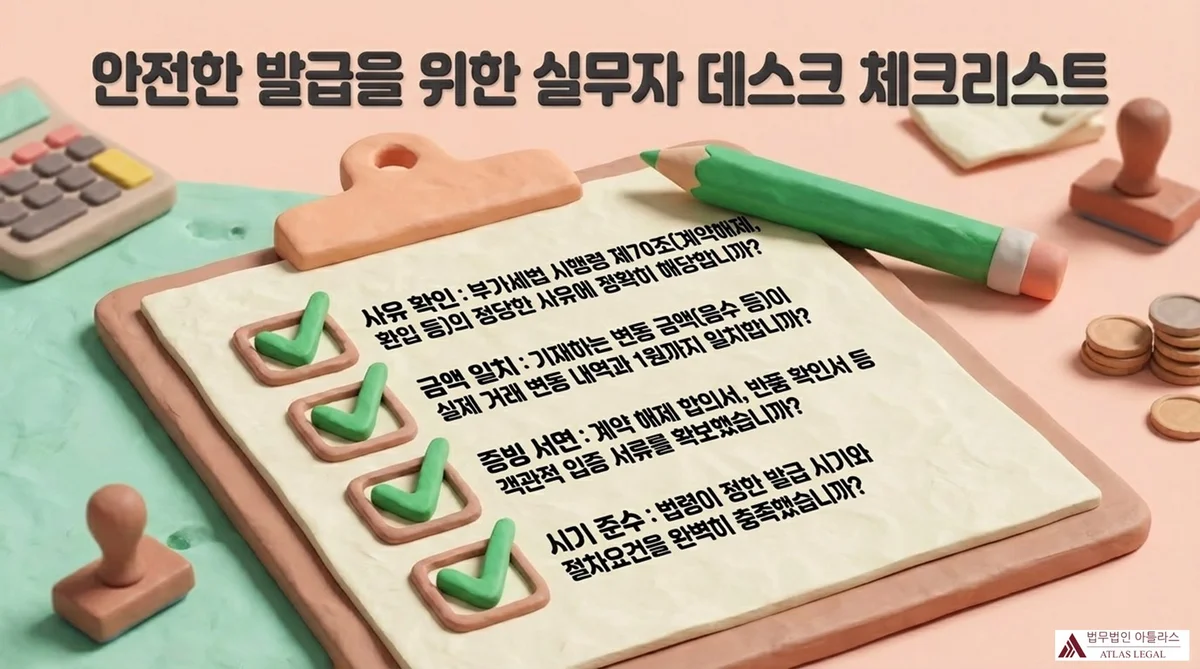 Atlas Legal - Practical Compliance Checklist for Safe Modified Tax Invoice Issuance 안전한 발급을 위한 실무자 데스크 체크리스트: 사유 확인(부가세법 시행령 제70조 정당한 사유에 해당하는지), 금액 일치(기재하는 변동 금액이 실제 거래 변동 내역과 1원까지 일치하는지), 증빙 서면(계약 해제 합의서·반품 확인서 등 객관적 입증 서류를 확보했는지), 시기 준수(법령이 정한 발급 시기와 절차요건을 완벽히 충족했는지). 클립보드와 녹색 체크마크 이미지.