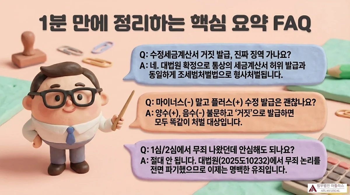 Atlas Legal - FAQ Summary on Criminal Liability for False Modified Tax Invoice 1분 만에 정리하는 핵심 요약 FAQ: Q 수정세금계산서 거짓 발급 진짜 징역 가나요? A 네, 조세범처벌법으로 형사처벌됩니다. Q 마이너스(-) 말고 플러스(+) 수정 발급은 괜찮나요? A 양수·음수 불문 '거짓'으로 발급하면 처벌 대상. Q 1심/2심에서 무죄 나왔는데 안심해도 되나요? A 절대 안 됩니다. 대법원 2025도10232에서 무죄 논리를 전면 파기하여 이제는 명백한 유죄입니다.