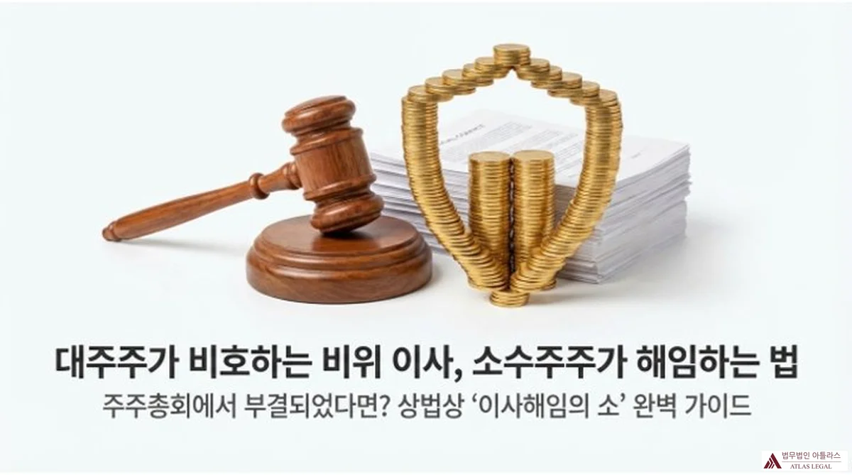 Atlas Legal - Minority Shareholder Director Removal Lawsuit Korea Commercial Act 법원 판사 망치와 금화 방패 앞에 놓인 문서 더미, 대주주가 비호하는 비위 이사를 소수주주가 해임하는 법 — 상법상 이사해임의 소 완벽 가이드
