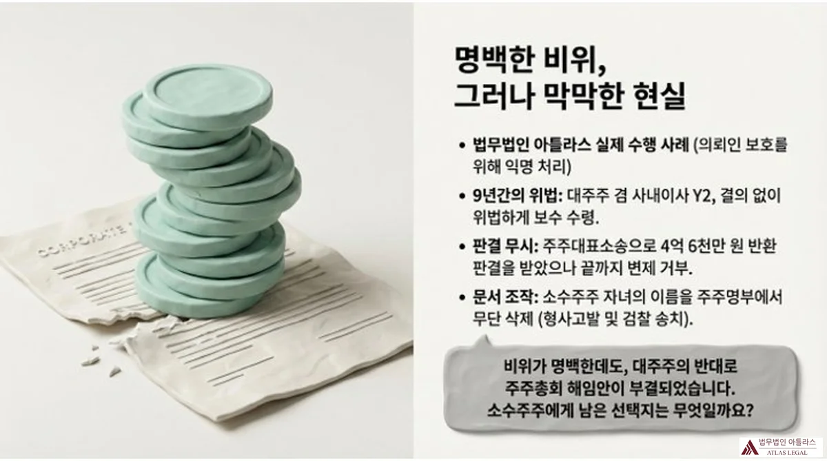 Atlas Legal - Misconduct Director Real Case Majority Shareholder Protection 점토 원반 더미와 구겨진 계약서 위에 법무법인 아틀라스 실제 수행 사례 — 9년간의 위법 보수 수령·판결 무시·주주명부 조작으로 이어진 비위 이사의 막막한 현실