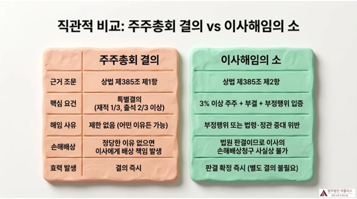 Atlas Legal - Shareholder Resolution vs Director Removal Lawsuit Comparison Table 주주총회 결의(분홍색 패널)와 이사해임의 소(초록색 패널)를 근거 조문·핵심 요건·해임 사유·손해배상·효력 발생 5개 항목으로 비교한 직관적 비교표