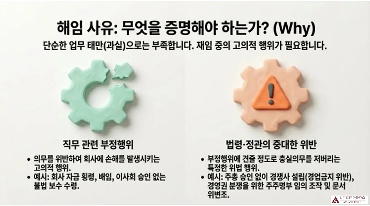 Atlas Legal - Director Removal Grounds Misconduct Serious Violation Law Articles of Incorporation 파손된 초록 톱니바퀴(직무 관련 부정행위)와 경고 삼각형이 박힌 살구색 톱니바퀴(법령·정관의 중대한 위반) 두 가지 해임 사유 유형을 예시와 함께 나란히 설명한 슬라이드