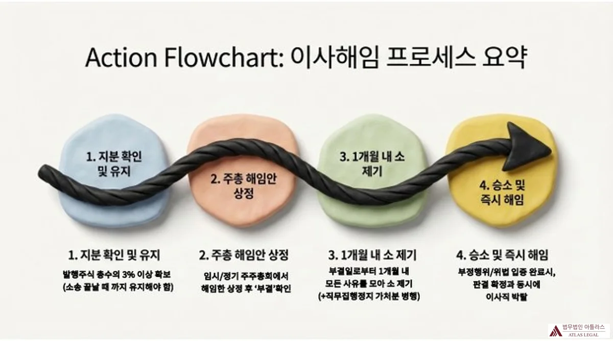 Atlas Legal - Director Removal Process Action Flowchart Four Steps Shareholder Strategy 새끼줄로 연결된 4개의 색깔 원형 단계(지분 확인·유지, 주총 해임안 상정, 1개월 내 소 제기, 승소 및 즉시 해임)로 이사해임 프로세스 전체 흐름을 요약한 액션 플로우차트