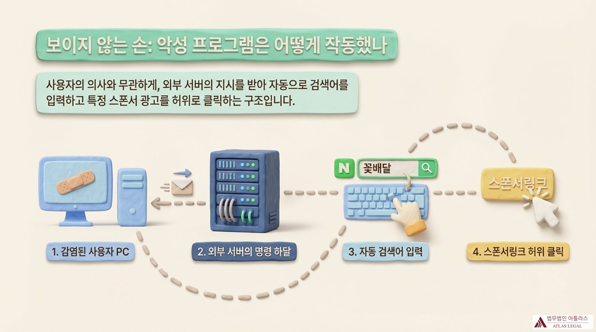 악성 프로그램 작동 구조 — 감염된 사용자 PC에서 외부 서버 명령을 받아 자동 검색 입력 후 스폰서링크를 허위 클릭하는 4단계 구조