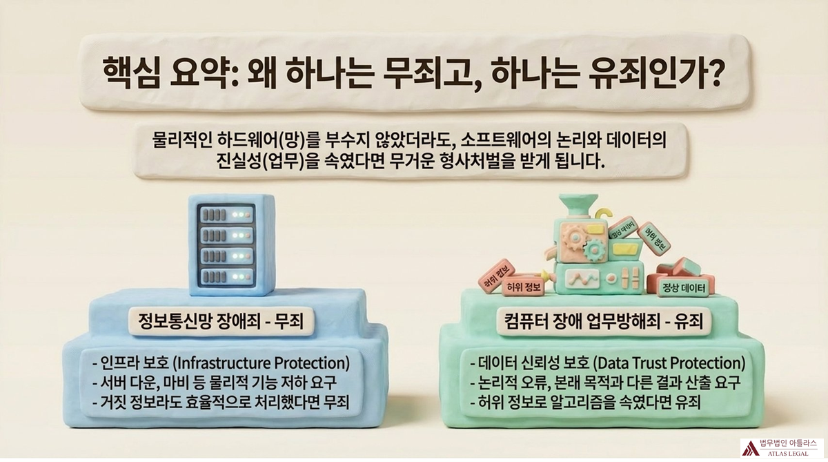 핵심 요약: 정보통신망 장애죄(무죄)와 컴퓨터등장애업무방해죄(유죄) 비교 — 인프라 보호 vs 데이터 신뢰성 보호