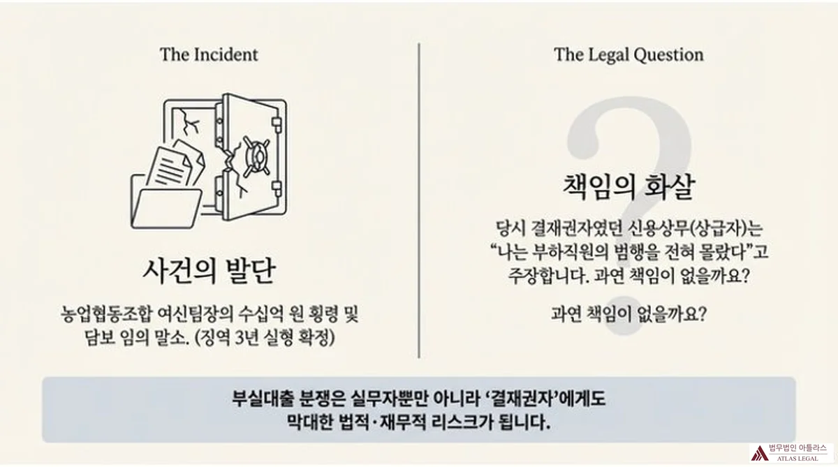 Atlas Legal - 금융기관 부실대출 사건의 발단과 상급자 책임의 화살 사건의 발단: 농업협동조합 여신팀장의 수십억 원 횡령 및 담보 임의 말소(징역 3년 실형 확정). 책임의 화살: 당시 결재권자였던 신용상무(상급자)는 '나는 부하직원의 범행을 전혀 몰랐다'고 주장. 부실대출 분쟁은 실무자뿐 아니라 결재권자에게도 막대한 법적·재무적 리스크가 됨.