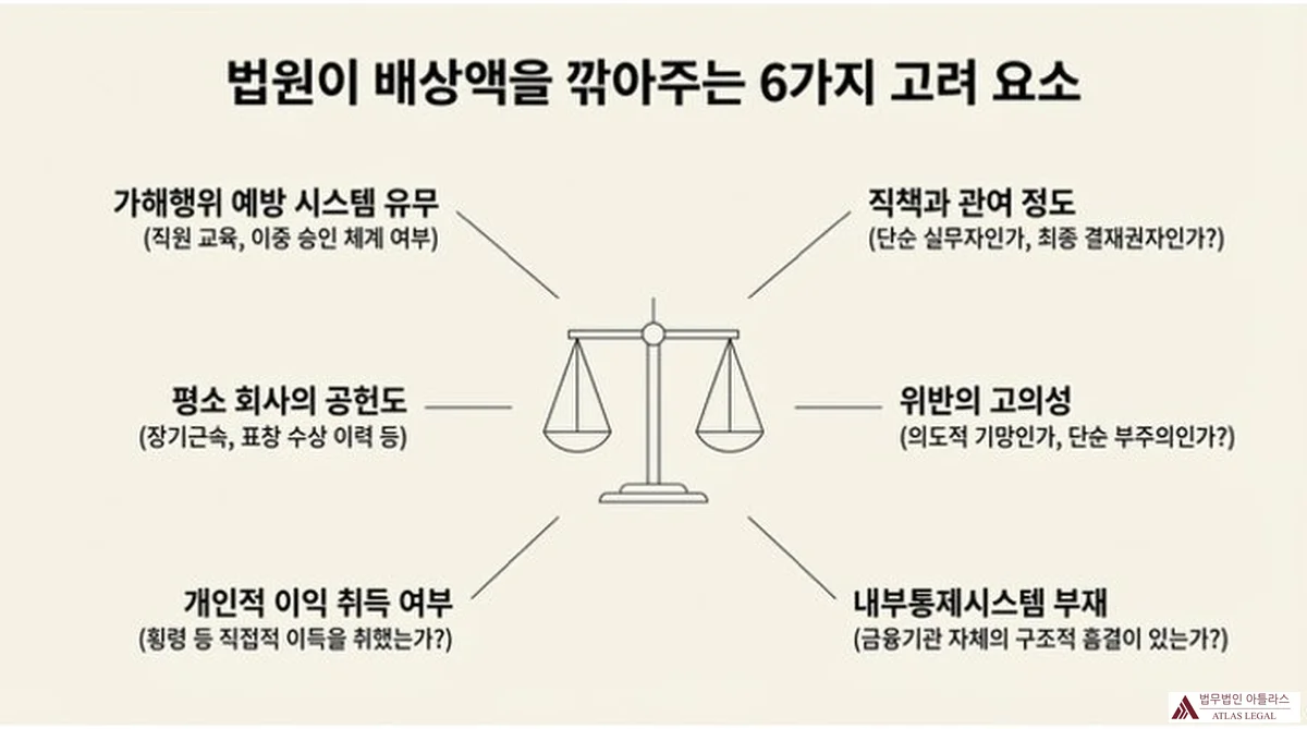 Atlas Legal - 법원이 부실대출 배상액을 감액하는 6가지 고려 요소 법원이 배상액을 감액하는 6가지 고려 요소: 1) 가해행위 예방 시스템 유무(직원 교육, 이중 승인 체계 여부), 2) 직책과 관여 정도(단순 실무자인가, 최종 결재권자인가), 3) 평소 회사의 공헌도(장기근속, 표창 수상 이력 등), 4) 위반의 고의성(의도적 기망인가, 단순 부주의인가), 5) 개인적 이익 취득 여부(횡령 등 직접적 이득 취득 여부), 6) 내부통제시스템 부재(금융기관 자체의 구조적 흠결 여부). 저울 이미지로 형평성 강조.