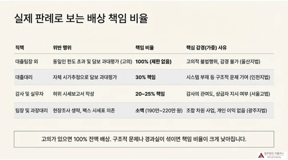 Atlas Legal - 부실대출 판례별 배상 책임 비율 비교 (5%~100%) 실제 판례로 보는 배상 책임 비율 비교표 — 대출팀장 외(동일인 한도 초과·담보 과대평가, 고의): 100% 제한 없음(울산지법), 대출대리(자체 시가추정 담보 과대평가): 30% 책임(인천지법), 감사 및 실무자(허위 시세보고서 작성): 20~25% 책임(서울고법), 팀장 및 과장대리(현장조사 생략·팩스 시세표 의존): 소액 190만~220만 원(광주지법). 고의가 있으면 100% 전액 배상, 구조적 문제나 경과실이 섞이면 책임 비율이 크게 낮아짐.