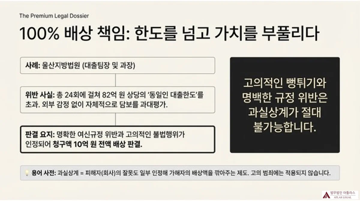 Atlas Legal - 부실대출 100% 배상 판례 (울산지방법원 2020가합13287) 100% 배상 책임 사례 — 울산지방법원(대출팀장 및 과장): 총 24회에 걸쳐 82억 원 상당의 동일인 대출한도 초과, 외부 감정 없이 자체적으로 담보를 과대평가. 판결 요지: 명확한 여신규정 위반과 고의적인 불법행위 인정, 청구액 10억 원 전액 배상 판결. '고의적인 뻥튀기와 명백한 규정 위반은 과실상계가 절대 불가능합니다.' 과실상계 = 피해자(회사)의 잘못도 일부 인정해 가해자의 배상액을 깎아주는 제도, 고의 범죄에는 적용되지 않음.