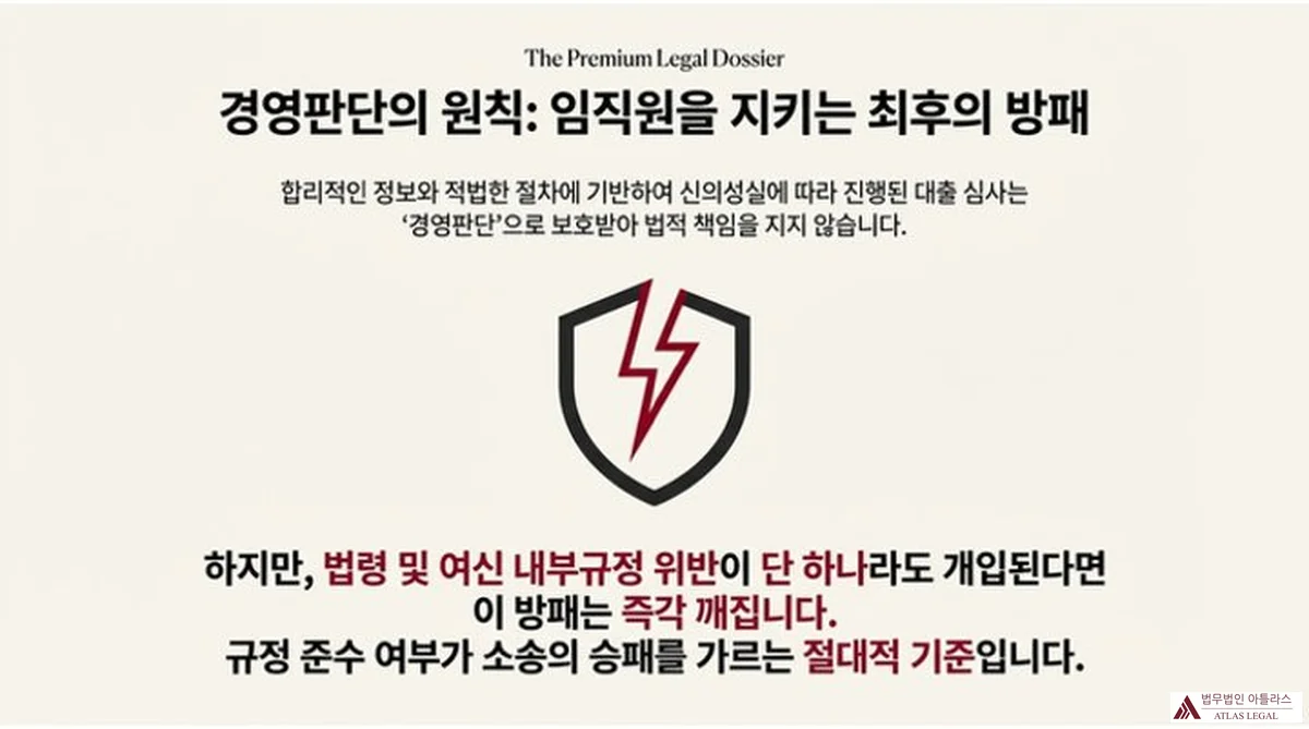 Atlas Legal - 경영판단의 원칙: 부실대출 임직원 방어의 최후 방패 경영판단의 원칙: 임직원을 지키는 최후의 방패 — 합리적인 정보와 적법한 절차에 기반하여 신의성실에 따라 진행된 대출 심사는 경영판단으로 보호받아 법적 책임을 지지 않습니다. 하지만 법령 및 여신 내부규정 위반이 단 하나라도 개입된다면 이 방패는 즉각 깨집니다. 규정 준수 여부가 소송의 승패를 가르는 절대적 기준입니다.