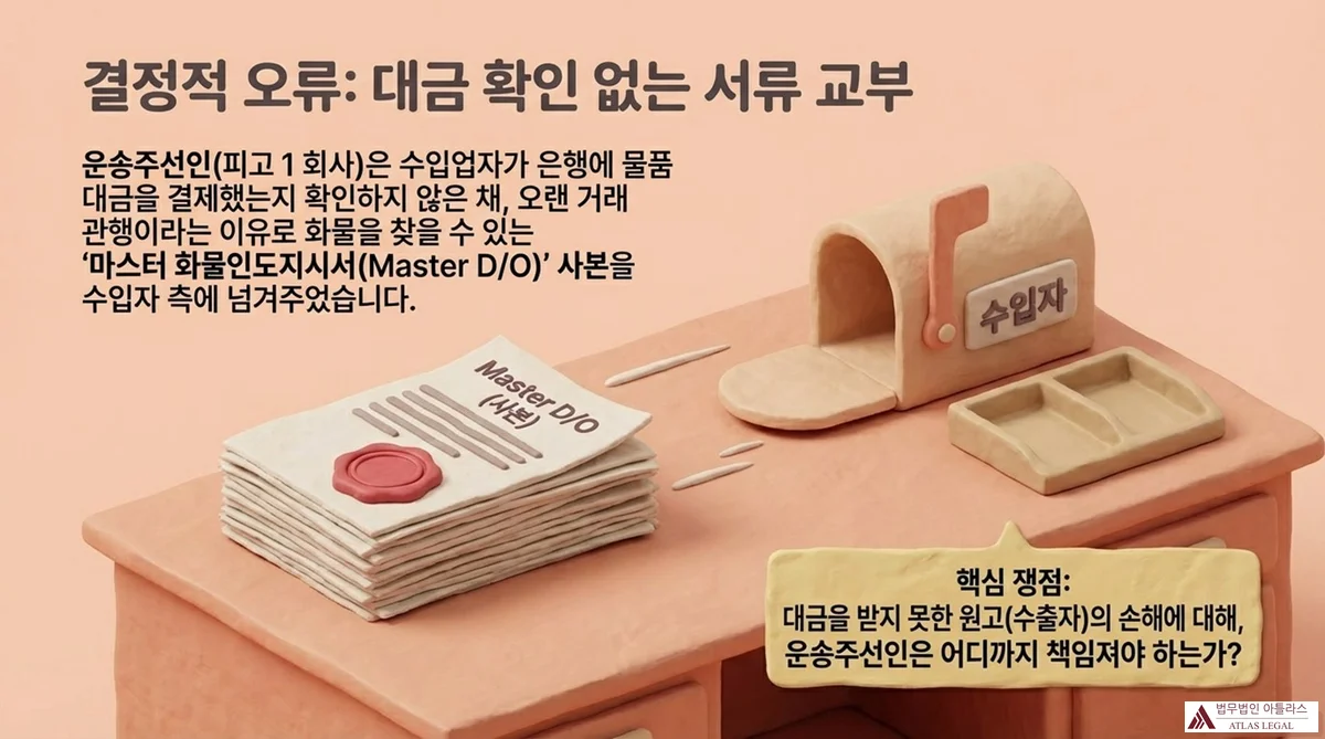 Atlas Legal - Master D/O Copy Delivered Without Payment Confirmation 결정적 오류: 대금 확인 없는 서류 교부 — 운송주선인이 Master D/O(사본) 서류를 수입자 우편함에 전달하는 장면. 핵심 쟁점: 대금을 받지 못한 수출자의 손해에 대해 운송주선인은 어디까지 책임져야 하는가.