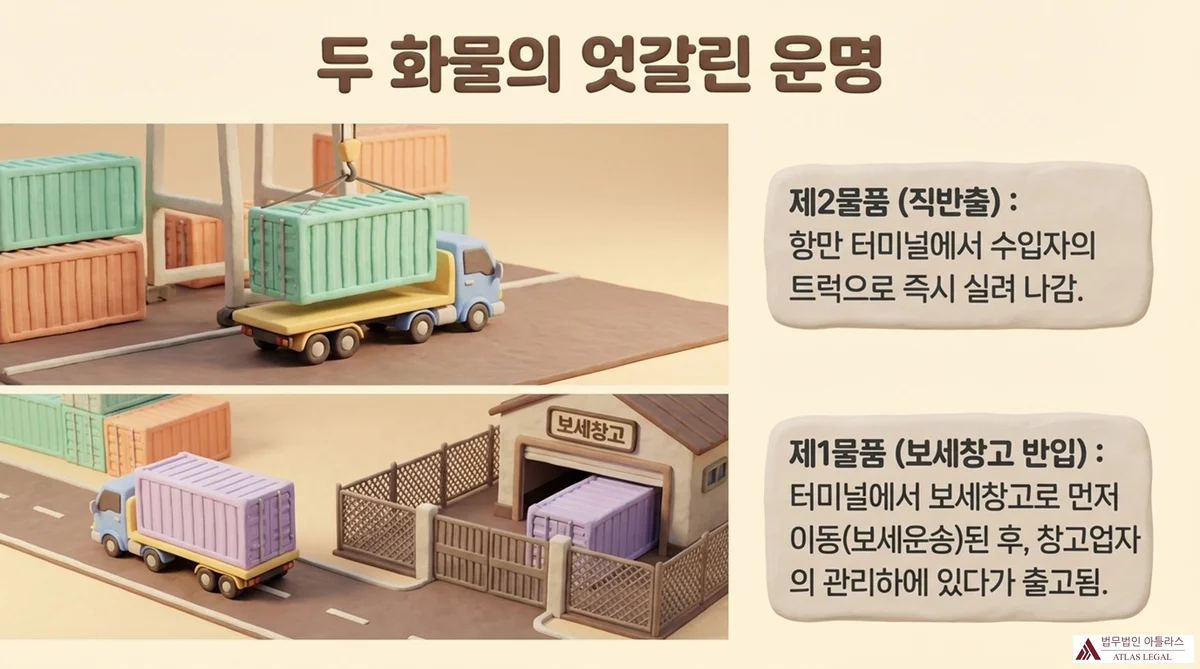 Atlas Legal - Direct Release vs Bonded Warehouse Cargo Handling 두 화물의 엇갈린 운명 — 제2물품(직반출): 항만 터미널에서 수입자 트럭으로 즉시 반출. 제1물품(보세창고 반입): 보세창고 입고 후 창고업자 관리 중 반출. 컨테이너 트럭과 보세창고 일러스트.